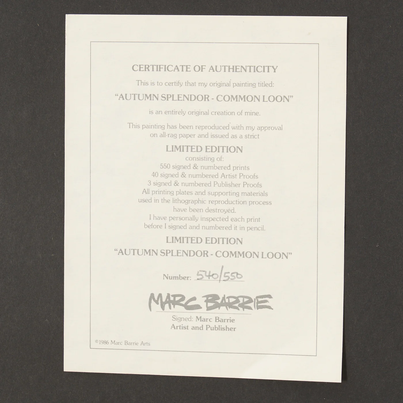 Signed Print of 'Autumn Splendour - Common Loon' by Marc Barrie - Image 9